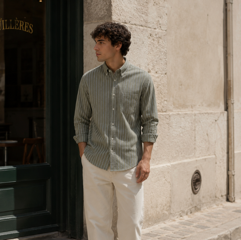 Les Deux Kolton Herringbone Shirt – White/Green