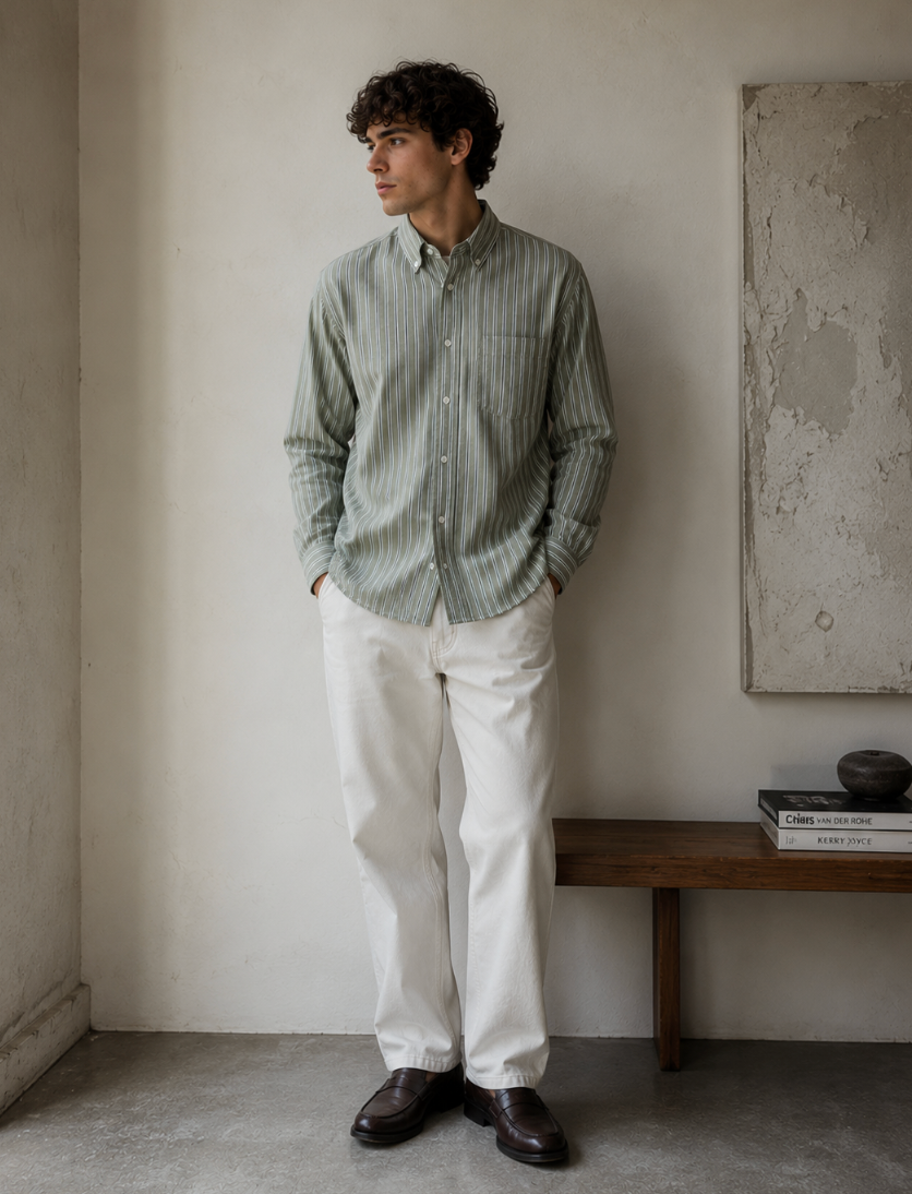 Les Deux Kolton Herringbone Shirt – White/Green