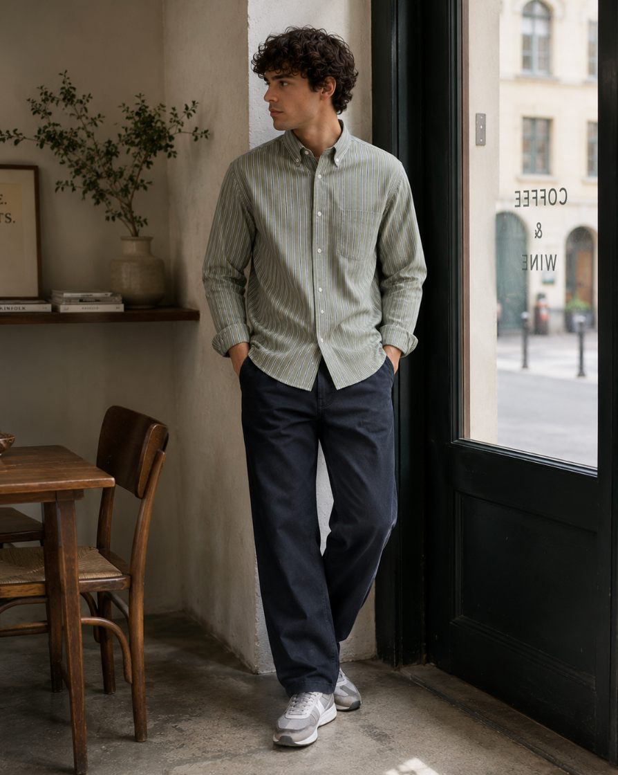 Les Deux Kolton Herringbone Shirt – White/Green
