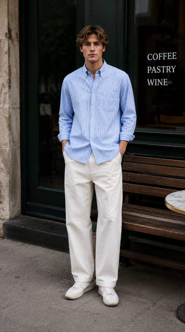 Les Deux Kolton Herringbone Shirt – White/Bel Air Blue