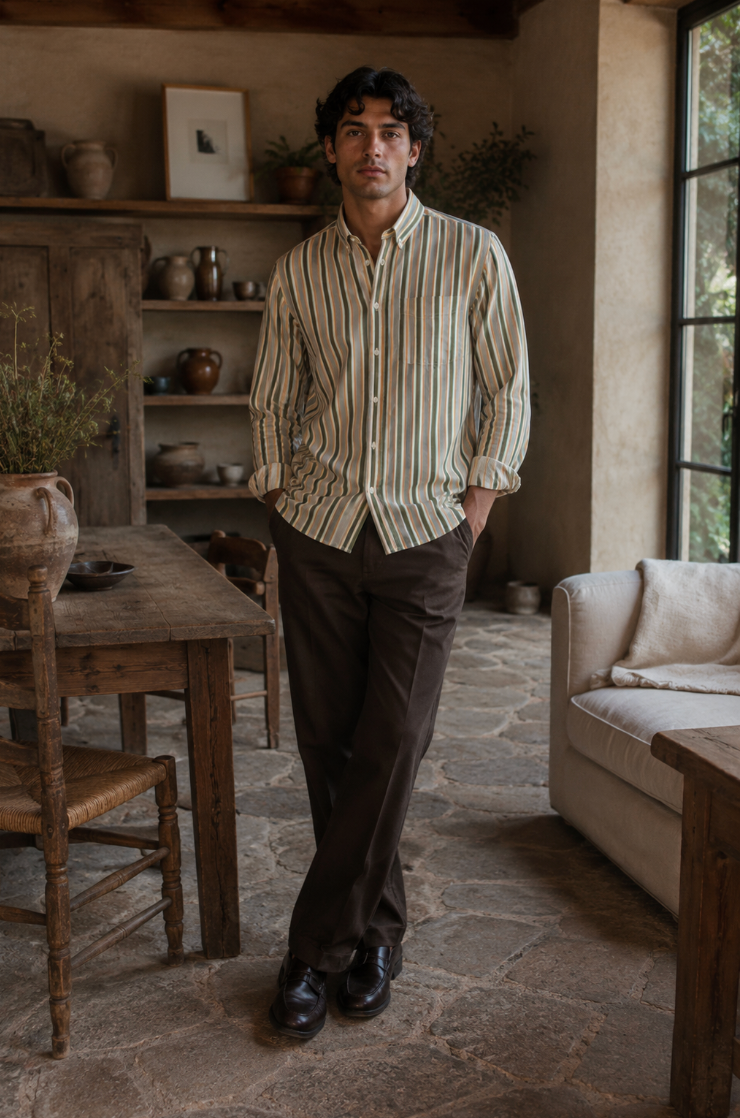Kent Peached Poplin Shirt – Green Stripe