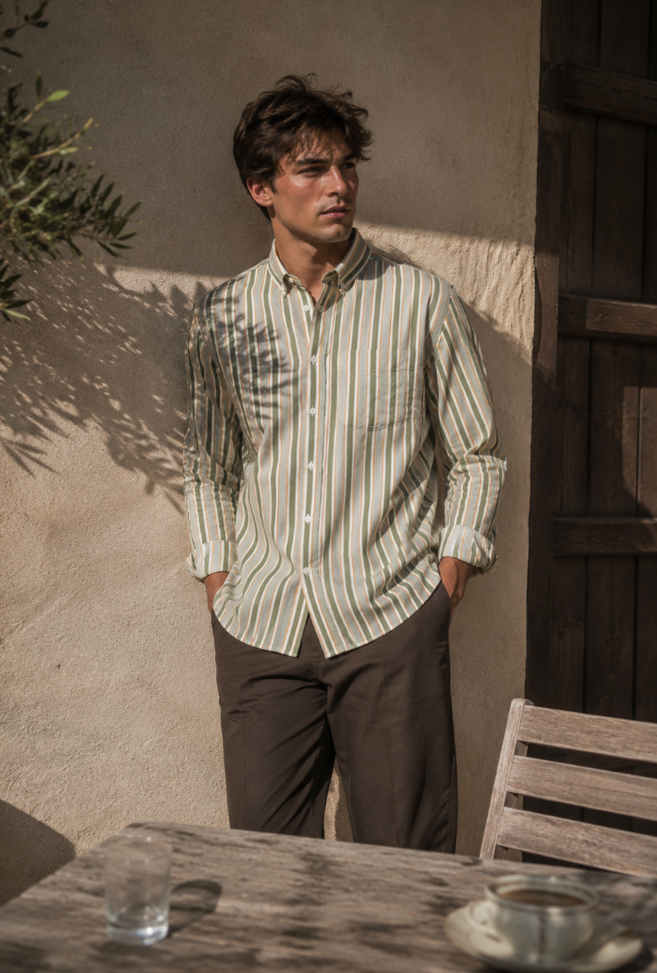Kent Peached Poplin Shirt – Green Stripe