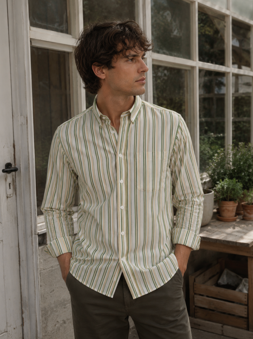 Kent Peached Poplin Shirt – Green Stripe
